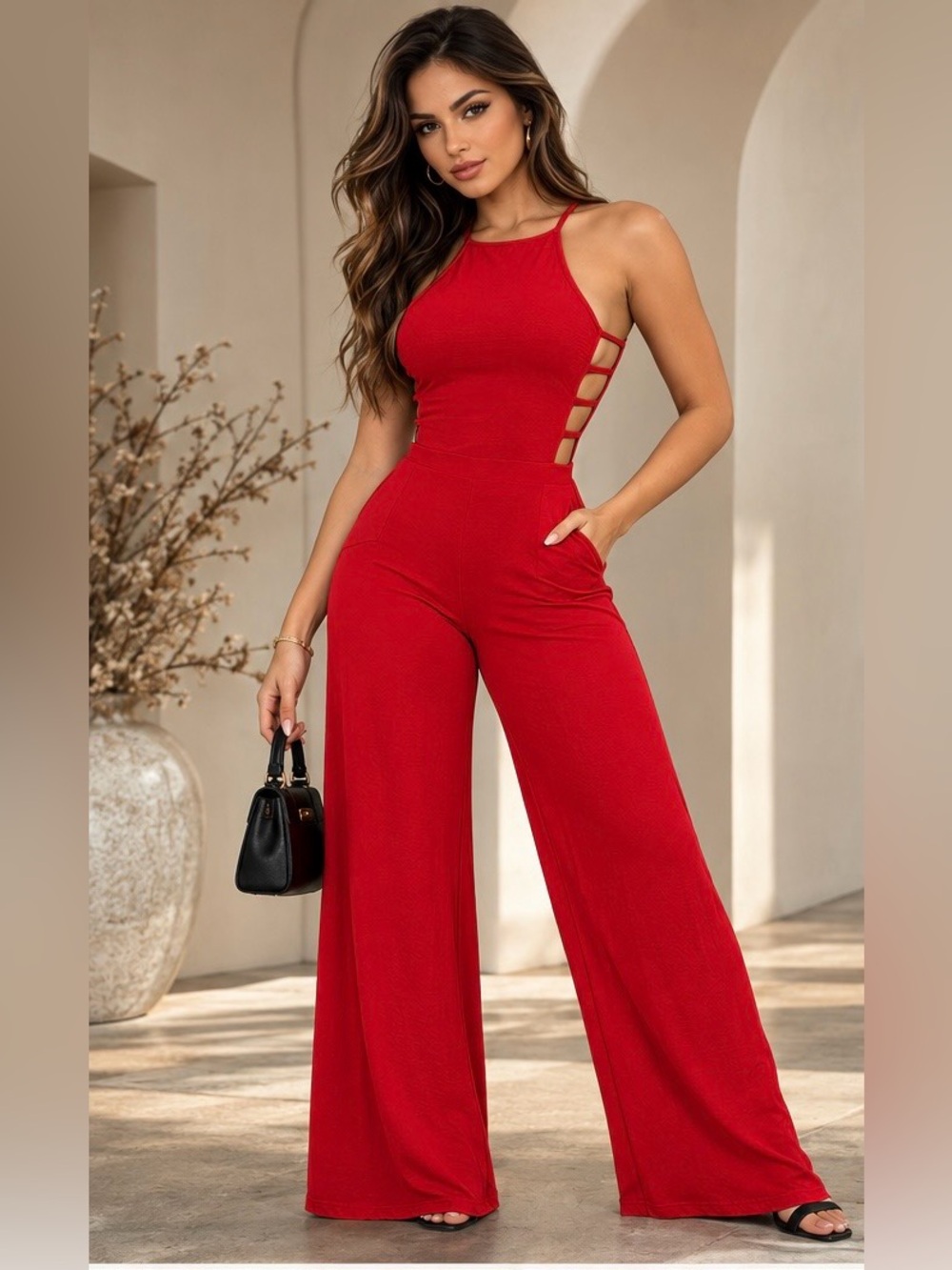 Red Wide-Leg Strappy Side Jumpsuit - Women